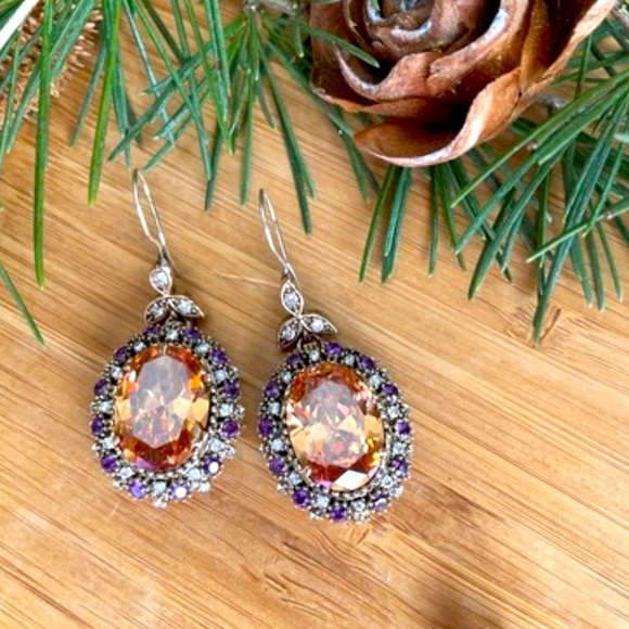 925 Sterling Silver, Orange Topaz, Drop/Dangle Earrings - Picture 3 of 9